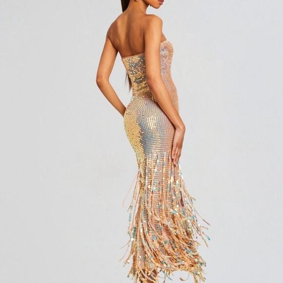 NWT RETROFETE Tan Tera Ballerina Colorway Sequin Fringe Crochet Dress Size M - Picture 3 of 11